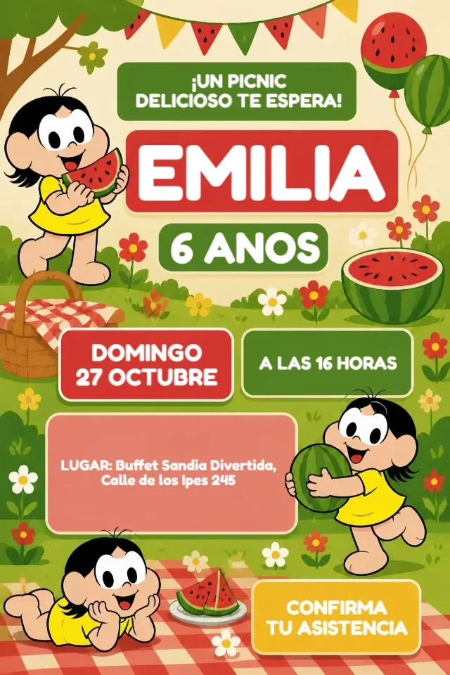 Invitacion de Cumpleanos Magali Picnic Amarillo y Rosa para Editar en Linea — invitación animada personalizada de cumpleaños infantil