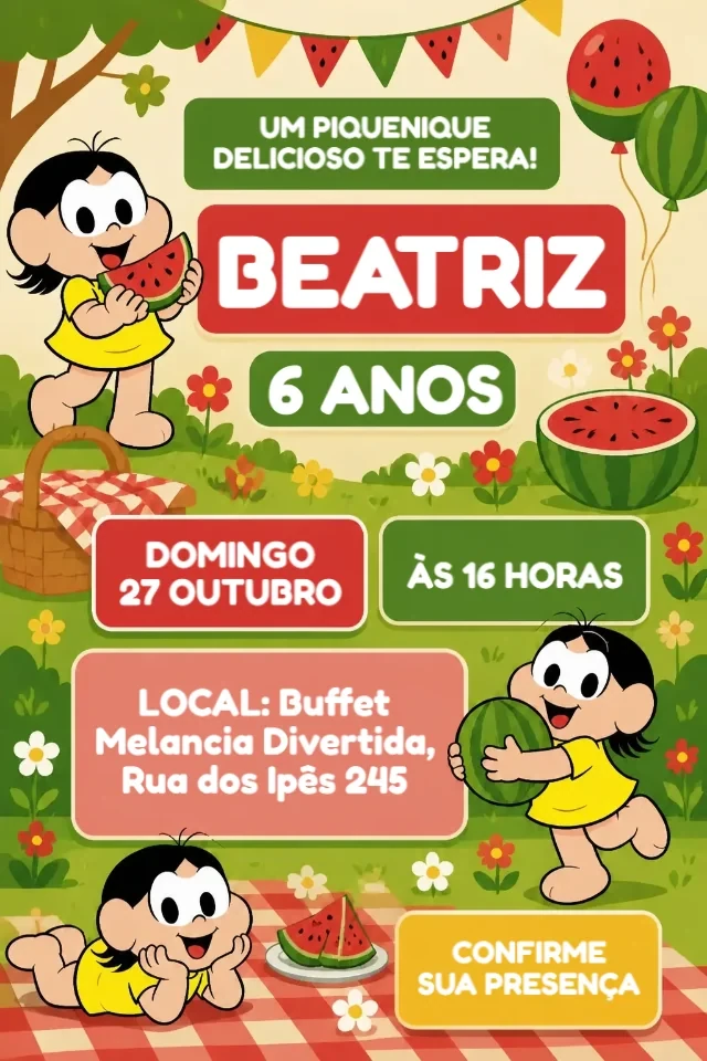 Convite de Aniversário Magali Turma da Mônica Amarelo e Rosa para Editar Online — convite animado personalizado de aniversário infantil