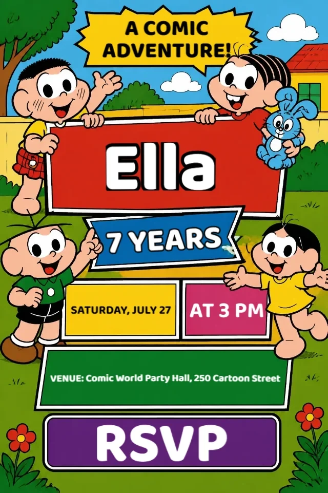 Monica and Friends Comic Birthday Invitation Blue Yellow Pink Red to Edit Online — personalized animated birthday invitation for kids