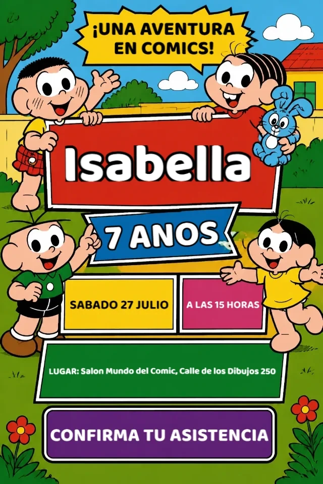 Invitacion de Cumpleanos Monica y sus Amigos Azul Amarillo Rosa y Rojo para Editar en Linea — invitación animada personalizada de cumpleaños infantil