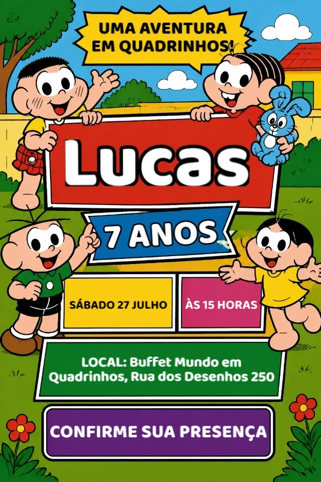 Convite de Aniversário Turma da Mônica Azul Amarelo Rosa e Vermelho para Editar Online — convite animado personalizado de aniversário infantil