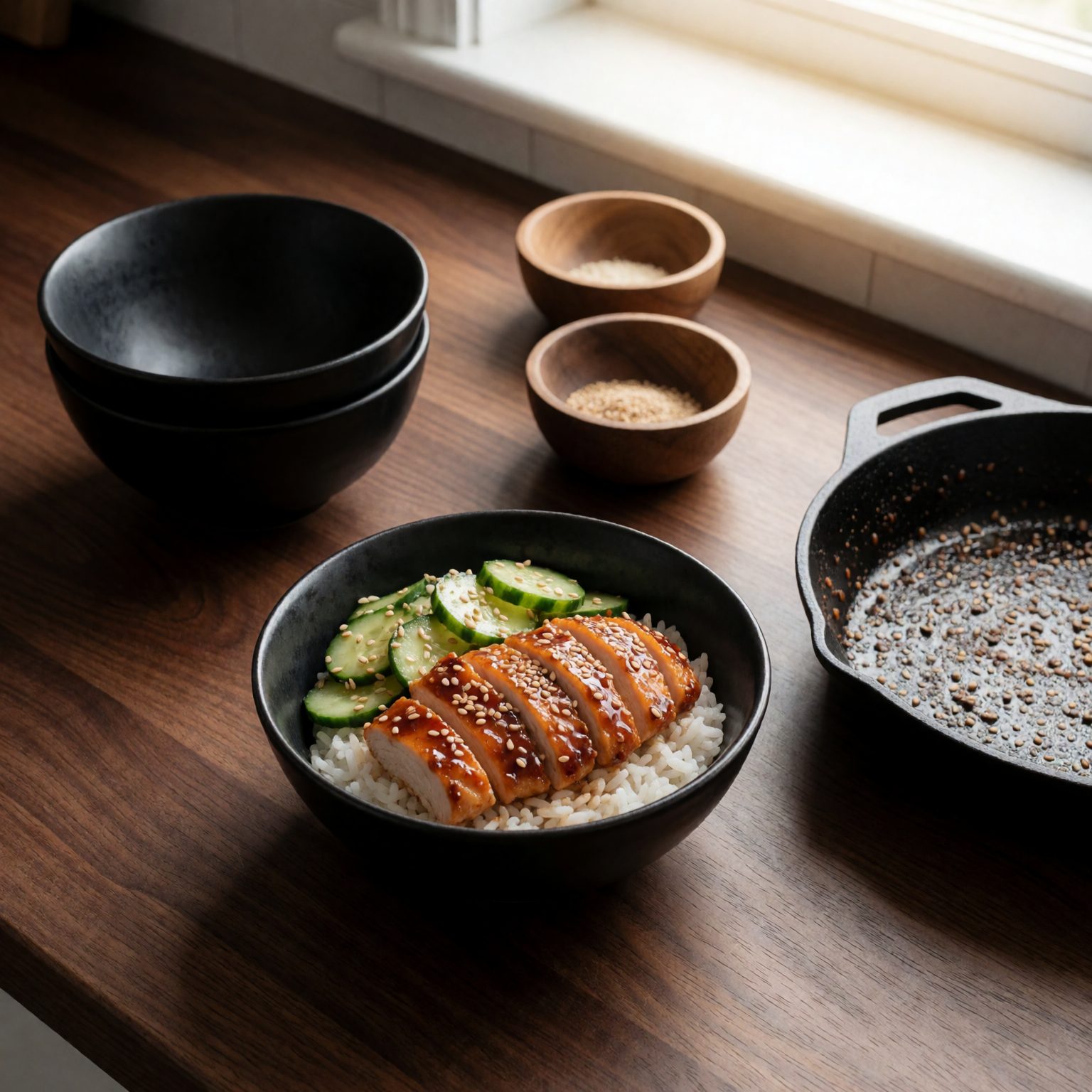 Spicy Korean BBQ Chicken Bowl with a Marinated Cucumber Salad