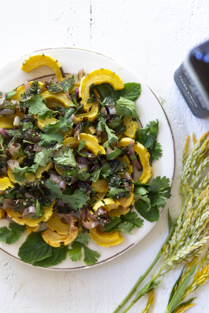 Delicata Squash with Fresh Mint & Cilantro topped with California Olive Ranch extra virgin olive oil.