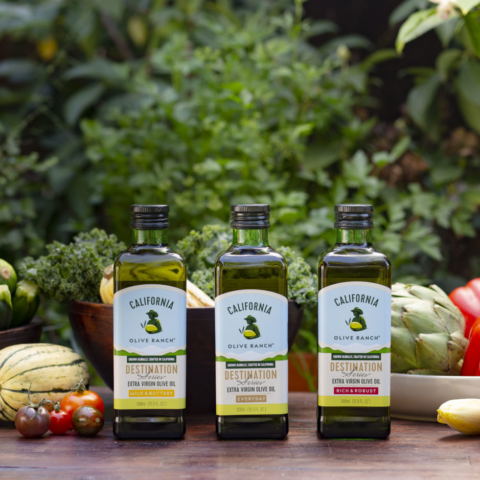 Our line of Destination Series extra virgin of olive oil. From left to right, Mild & Buttery olive oil, everyday olive oil, and Rich & Robust olive oil.