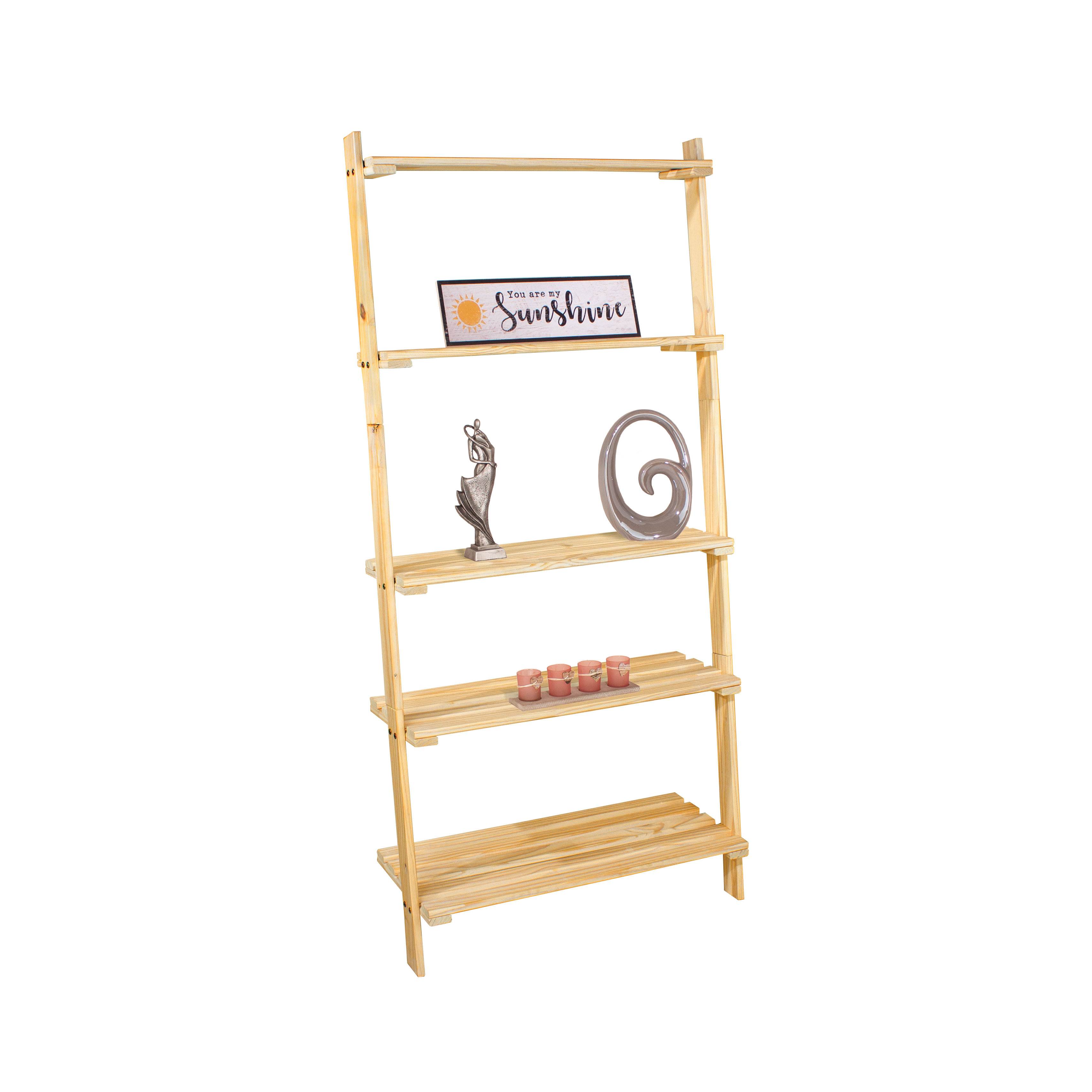 5 Tier Wall Mounted Ladder Shelves Solid Pine Slatted Wooden Display 180cm