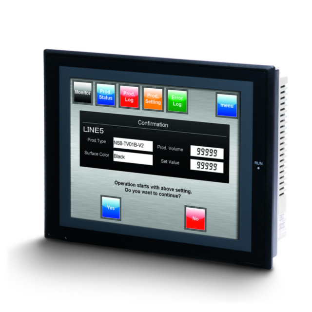 Omron NS8TV01BV2 Touch screen HMI, 8.4 inch, TFT, 256 colors (32,768 colors for .BMP/.JPG), 640x480 pixels, 2 x RS-232C ports, Ethernet (10/100 Base-T), 60MByte memory, 24 VDC, black case