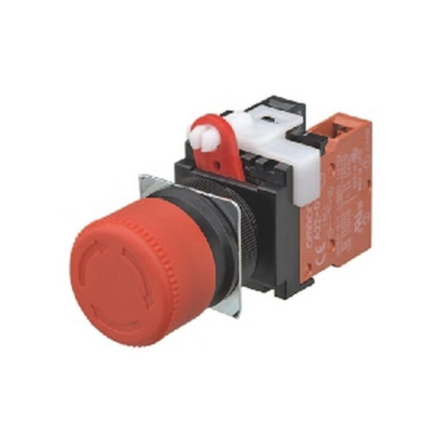 Omron A22ES02 Emergency stop switch, non-illuminated, 30 mm dia., push-lock/turn-reset, 2 x SPST-N/C, IP65