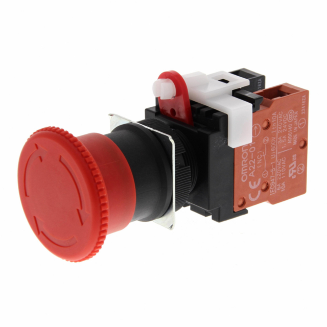 Omron A22EM02 Emergency stop switch, screw terminal, non-illuminated, 40 mm dia, push-lock/turn-reset, 2NC