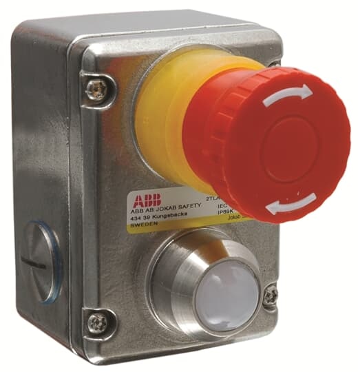 ABB 2TLA050220R0222 Emergency stop, 2NC+2NO, stainless steel 316 body, LED status indication, Conduit entry 3xM20