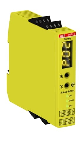 ABB 2TLA010070R0000 Sentry USR10 Universal safety relay with delayable relay outputs 3NO+1NC, +24 VDC power supply and screw terminals.For monitoring of safety devices with contacts, 1 or 2 equivalent or antivalent channels, safety devices with OSSD outputs, two-hand devices, safety mats and safety edges/bumpers.Timer function 0-999 seconds with a better accuracy than 1%: OFF-delay, ON-delay, Time bypass and Time reset.A display on front facilitates configuration and troubleshooting by displaying error codes and error log. A custom configuration can be protected by password.Manual or automatic reset selectable.Sentry safety relays cover various types of safety applications up to PLe / SIL3. Basic models provide reliable supervision of simpler safety functions, while universal models provide advanced features and high flexibility.Models with display offer preset configurations and extensive information to further simplify troubleshooting.Additional variants offer a high accuracy timer function of ± 1% and an adjustable time setting range from 0-999 s. High output current capacity of up to 6 A can save the use of an intermediary contactor. Multi-reset allows up to 10 safety relays connected to one reset light-button. All models are available with detachable push-in or screw terminals. Terminals and coding kit to mark removed terminals are available as accessories.