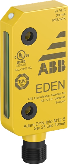 ABB 2TLA020051R5100 Eden is a non-contact safety sensor used as interlocking device for e.g. doors and safe position monitoring. Adam safety sensor with DYNlink signal and information output. Used with an Eva actuator to form a non-contact safety sensor Eden. M12-5 male connector. Four pieces of DA 1B distance plates and four pieces of DA 2B distance rings are included.Adam senses the presence of Eva without mechanical contact and therefore without any wear. The compact size of Eden and its 360°mounting possibility make it easy to use in most applications.Eden is UL approved for use in US and Canada.