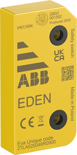 ABB 2TLA020046R0900 Eden is a non-contact safety sensor used as interlocking device for e.g. doors and safe position monitoring. Eva actuator for use with Adam DYN and Adam OSSD sensors. With Eva unique Code, the pair forms a high level coded non-contact safety sensor. Four pieces of DA 2B spacer rings are included.Adam senses the presence of Eva without mechanical contact and therefore without any wear. The compact size of Eden and its 360°mounting possibility make it easy to use in most applications.Eden is UL approved for use in US and Canada.
