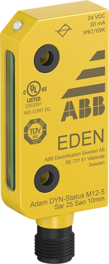 ABB 2TLA020051R5200 Eden is a non-contact safety sensor used as interlocking device for e.g. doors and safe position monitoring. Adam safety sensor with DYNlink signal and StatusBus. Used with an Eva actuator to form a non-contact safety sensor Eden. M12-5 male connector. Four pieces of DA 1B distance plates and four pieces of DA 2B distance rings are included.Adam senses the presence of Eva without mechanical contact and therefore without any wear. The compact size of Eden and its 360°mounting possibility make it easy to use in most applications.Eden is UL approved for use in US and Canada.