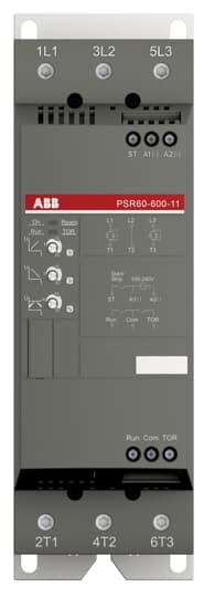 ABB PSR6060011 The softstarter PSR60-600-11 has a rated maximum operational current of 60 A with an operating voltage span from 208...600 V AC. The rated control voltage is 24 V AC/DC. PSR features a two-phase control soft start and stop through a voltage ramp. It has built-in bypass for easy installation and energy saving. A RUN and a TOR signal is available from a relay output in NO (normally open state). The start/stop ramp and time is easy to set by three potentiometers on the front. PSR is often used in combination with a manual motor starter (MMS) from ABB, so mechanical connection kits are available. Another popular option is Fieldbus communication, which can be enabled by an external adaptor and a Fieldbus plug. The PSR range is our most compact softstarters with basic functionality and values. They are suitable for small three-phase motors with nominal currents from 3...105 A and can manage up to 100 starts per hour. Common applications are, for example, pumps, fans, compressors, and conveyors.
