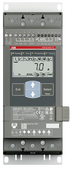 ABB PSE2560070 The softstarter PSE25-600-70 has a rated maximum operational current of 25 A with an operating voltage span from 208...600 V AC. The rated control voltage is between 100...250 V AC at 50/60 Hz. PSE features a two-phase control with a soft start and stop through a voltage or a torque ramp. It has built-in bypass for easy installation and energy saving. A RUN, TOR, and Event signal is available from a relay output in NO (normally open state). The PSE has functions such as current limit, kickstart, analog output, EOL, underload, and locked rotor protection. To interact with PSE, it has an Illuminated display that uses symbols to become language neutral. As an option, you can add an identical external keypad with a rating of IP66. There are three ways to communicate with PSE. It can be done by hardwire inputs Start/Stop or by Reset of fault. Another popular option is the built-in fieldbus communication Modbus RTU. You can also use an external adaptor and a Fieldbus plug. PSE is a true general purÂ