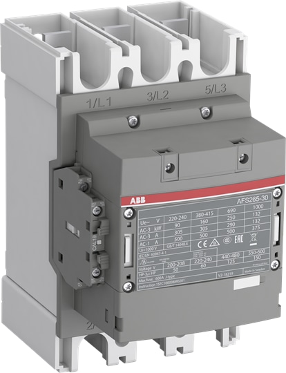 ABB AFS265301211 The AFS265-30-12-11 is a 3 pole - 1000 V IEC or 600 V UL contactor with pre-mounted 1 left (1 N.O + 1 N.C.) and fixed 1 right (1 N.C.) side mounted auxiliary contact blocks with Main Circuit Bars connections, controlling motors up to 132 kW / 400 V AC (AC-3) or 200 hp / 480 V UL and switching power circuits up to 400 A (AC-1) or 350 A UL general use. AFS contactors can be easily integrated in machine manufacturer’s systems complying with main standards EN ISO 13849 and EN 62061 - guaranteeing the safe use of your machinery and equipment. An easily identifiable yellow low energy auxiliary contact block ensures the status feedback circuits required in machine safety applications. Thanks to the AF technology, the contactor has a wide control voltage range (24-60 V 50/60 Hz and 20-60 V DC), managing large control voltage variations, reducing panel energy consumptions and ensuring distinct operations in unstable networks. Furthermore, surge protection is built-in, offering a compact solution. AF contactors have a block type design, can be easily extended with add-on auxiliary contact blocks and an additional wide range of accessories.