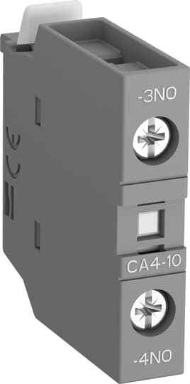 ABB CA410 The auxiliary contact blocks are used for the operation of auxiliary circuits and control circuits for standard industrial environments.Types of auxiliary contact blocks for front mounting:• CA4 1 or 4-pole block, with instantaneous N.O., N.C. contacts• CC4 1-pole block, with N.O. leading contact or N.C. lagging contact• CAT4 2-pole block, with instantaneous N.O. + N.C. contacts and A1 / A2 coil terminal connection on front face.Select the 4-pole auxiliary contact blocks CA4-..E, CA4-..M, CA4-..U or CA4-..N type, according to the contactor or contactor relay type for compliance with the standard requirements (see "Terminal marking and positioning").Types of auxiliary contact blocks for side mounting:• CAL4 2-pole block, with instantaneous N.O. + N.C. contacts.For clipping onto the right- and/or left-hand side of the contactors. The auxiliary contact blocks are equipped with screw type connecting terminals delivered open, protected against accidental direct contact and bear the corresponding function marking.