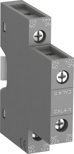 ABB CAL411 The auxiliary contact blocks are used for the operation of auxiliary circuits and control circuits for standard industrial environments.Types of auxiliary contact blocks for front mounting:• CA4 1 or 4-pole block, with instantaneous N.O., N.C. contacts• CC4 1-pole block, with N.O. leading contact or N.C. lagging contact• CAT4 2-pole block, with instantaneous N.O. + N.C. contacts and A1 / A2 coil terminal connection on front face.Select the 4-pole auxiliary contact blocks CA4-..E, CA4-..M, CA4-..U or CA4-..N type, according to the contactor or contactor relay type for compliance with the standard requirements (see "Terminal marking and positioning").Types of auxiliary contact blocks for side mounting:• CAL4 2-pole block, with instantaneous N.O. + N.C. contacts.For clipping onto the right- and/or left-hand side of the contactors. The auxiliary contact blocks are equipped with screw type connecting terminals delivered open, protected against accidental direct contact and bear the corresponding function marking.