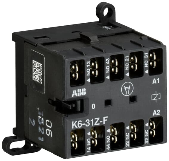 ABB K631ZF01 The K6-31Z-F mini contactor relay is a compact 4 pole contactor relay with flat pin connection. They are ideally suited for applications where reliability is a must and space is at a premium. Mini contactors relays are used in residential buldings, commercial buildings and industrial applications for switching of control signals up to 3 A / 400 V (AC-15). Further features are the silent coil, a switch position indication and the integrated possibility for rail or wall mounting.