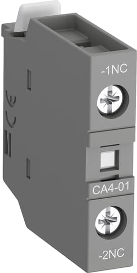 ABB CA401 The auxiliary contact blocks are used for the operation of auxiliary circuits and control circuits for standard industrial environments.Types of auxiliary contact blocks for front mounting:• CA4 1 or 4-pole block, with instantaneous N.O., N.C. contacts• CC4 1-pole block, with N.O. leading contact or N.C. lagging contact• CAT4 2-pole block, with instantaneous N.O. + N.C. contacts and A1 / A2 coil terminal connection on front face.Select the 4-pole auxiliary contact blocks CA4-..E, CA4-..M, CA4-..U or CA4-..N type, according to the contactor or contactor relay type for compliance with the standard requirements (see "Terminal marking and positioning").Types of auxiliary contact blocks for side mounting:• CAL4 2-pole block, with instantaneous N.O. + N.C. contacts.For clipping onto the right- and/or left-hand side of the contactors. The auxiliary contact blocks are equipped with screw type connecting terminals delivered open, protected against accidental direct contact and bear the corresponding function marking.