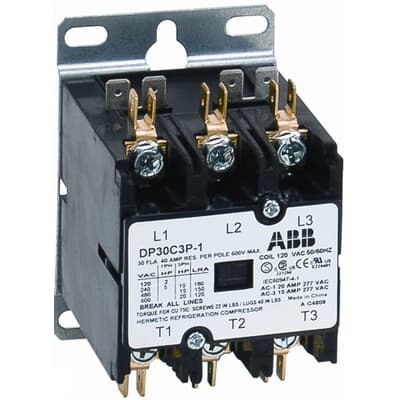 ABB DP30C3PF DP30C3P-F DP contactor provide outstanding performance in various HVAC application and meet all relevant standards, including UL, CSA and IEC. Industry standard mounting plate provides easily accessible mounting holes.