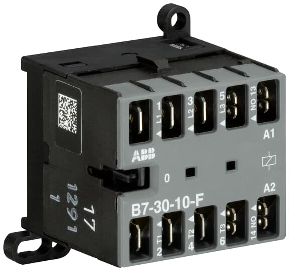 ABB B73010F84 The B7-30-10-F mini contactor is a compact 3 pole contactor with 1 auxiliary contact and flat pin connection. They are ideally suited for applications where reliability is a must and space is at a premium. Mini contactors are used in residential buldings, commercial buildings and industrial applications for the control of single or three-phase loads up to 5.5 kW (AC-3) and 20 A / 690 V (AC-1) or switching of control signals. Further features are the silent coil, a switch position indication and the integrated possibility for rail or wall mounting.