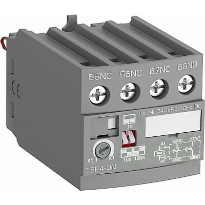 ABB TEF4ON TEF4 frontal electronic timers are used for realizing timing function and are available in ON-delay and OFF-delay versions.Compact solution in cabinet compared to separate timersTEF4 electronic timers are front-mounted and locked on AF contactors or NF contactor relays.A mechanical indicator allows to show the state of the contactor.Safe and cost-reduced wiring. TEF4 electronic timers are supplied by a direct plug-in parallel connection to the coil terminals A1 - A2 of the contactor or contactor relay. A varistor is integrated on the timer to offer a built-in protection against surges in the contactor coil.Available for a wide control voltage range 24...240 V AC/DCTEF4-ON or TEF4-OFF allow time-delayed functions up to 100 s in 3 distinct time ranges, independently of the control system. The time delay ranges are selected by a switch and the time delay can be adjusted by means of a rotary switch. The timing function is activated by closing or opening the device on which the timer is mounted. The OFF-delay version operates without additional control supply.