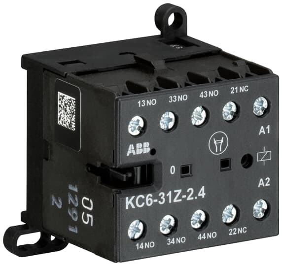 ABB KC631Z01 The KC6-31Z mini contactor relay is a compact 4 pole contactor relay with screw terminals. They are ideally suited for applications where reliability is a must and space is at a premium. Mini contactors relays are used in residential buldings, commercial buildings and industrial applications for switching of control signals up to 3 A / 400 V (AC-15). Further features are the noiseless and hum-free coil and a a switch position indication.
