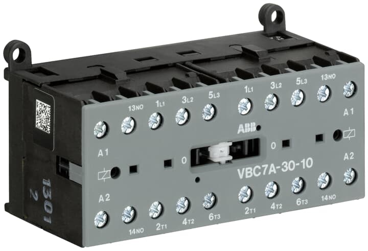 ABB VBC7A301001 The VBC7A-30-10 mini reversing contactor is a compact 3 pole contactor with 1 auxiliary contact, screw terminals and mechanical interlock and safety blocking. They are ideally suited for applications where reliability is a must and space is at a premium. Mini reversing contactors are used in residential buldings, commercial buildings and industrial applications for the control of three-phase motor loads up to 5.5 kW (AC-3). Further features are the noiseless and hum-free coil, a a switch position indication and the integrated possibility for rail or wall mounting.