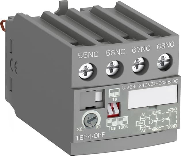 ABB TEF4OFF TEF4 frontal electronic timers are used for realizing timing function and are available in ON-delay and OFF-delay versions.Compact solution in cabinet compared to separate timersTEF4 electronic timers are front-mounted and locked on AF contactors or NF contactor relays.A mechanical indicator allows to show the state of the contactor.Safe and cost-reduced wiring. TEF4 electronic timers are supplied by a direct plug-in parallel connection to the coil terminals A1 - A2 of the contactor or contactor relay. A varistor is integrated on the timer to offer a built-in protection against surges in the contactor coil.Available for a wide control voltage range 24...240 V AC/DCTEF4-ON or TEF4-OFF allow time-delayed functions up to 100 s in 3 distinct time ranges, independently of the control system. The time delay ranges are selected by a switch and the time delay can be adjusted by means of a rotary switch. The timing function is activated by closing or opening the device on which the timer is mounted. The OFF-delay version operates without additional control supply.
