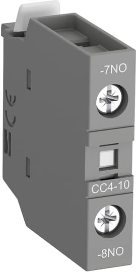 ABB CC410 The auxiliary contact blocks are used for the operation of auxiliary circuits and control circuits for standard industrial environments.Types of auxiliary contact blocks for front mounting:• CA4 1 or 4-pole block, with instantaneous N.O., N.C. contacts• CC4 1-pole block, with N.O. leading contact or N.C. lagging contact• CAT4 2-pole block, with instantaneous N.O. + N.C. contacts and A1 / A2 coil terminal connection on front face.Select the 4-pole auxiliary contact blocks CA4-..E, CA4-..M, CA4-..U or CA4-..N type, according to the contactor or contactor relay type for compliance with the standard requirements (see "Terminal marking and positioning").Types of auxiliary contact blocks for side mounting:• CAL4 2-pole block, with instantaneous N.O. + N.C. contacts.For clipping onto the right- and/or left-hand side of the contactors. The auxiliary contact blocks are equipped with screw type connecting terminals delivered open, protected against accidental direct contact and bear the corresponding function marking.
