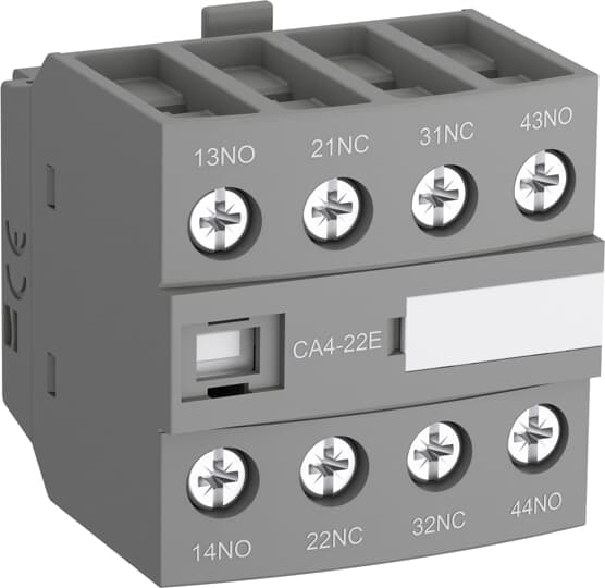 ABB CA422M The auxiliary contact blocks are used for the operation of auxiliary circuits and control circuits for standard industrial environments.Types of auxiliary contact blocks for front mounting:• CA4 1 or 4-pole block, with instantaneous N.O., N.C. contacts• CC4 1-pole block, with N.O. leading contact or N.C. lagging contact• CAT4 2-pole block, with instantaneous N.O. + N.C. contacts and A1 / A2 coil terminal connection on front face.Select the 4-pole auxiliary contact blocks CA4-..E, CA4-..M, CA4-..U or CA4-..N type, according to the contactor or contactor relay type for compliance with the standard requirements (see "Terminal marking and positioning").Types of auxiliary contact blocks for side mounting:• CAL4 2-pole block, with instantaneous N.O. + N.C. contacts.For clipping onto the right- and/or left-hand side of the contactors. The auxiliary contact blocks are equipped with screw type connecting terminals delivered open, protected against accidental direct contact and bear the corresponding function marking.