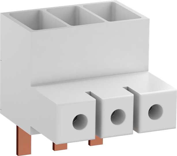 ABB S2M350 S2-M3-50 three phase feeder terminals allow the connection of cable cross sections up to 50mm². They are usable with MS165 manual motor starters. The rated current is 125 A (IEC) / 120 A (UL).