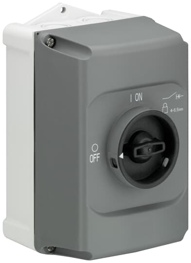 ABB IB132G IB132-G enclosure is suitable for manual motor starter MS116/MS132. The combination of manual motor starter and enclosure allows to setup all required control and protection functions for single machine installations. The enclosure has a IP65 degree of protection. Additional mounting of auxiliary and signalling contacts, shunt trips and undervoltage release is possible. The handle is up to 3-times lockable in OFF position.