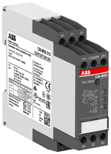 ABB 1SVR730712R1300 The CM-MSS.51S belongs to the CM thermistor motor protection relay range. It operates with a rated control supply voltage of 24 - 240 V AC / DC and has a 2 c/o (SPDT) output with contacts rated at 250 V / 4 A. It features two sensor circuit to monitor PTC temperature sensors (single or accumulative evaluation, configurable) and works according to the closed-circuit principle. The sensor circuits of this CM-MSS.51S are short-circuit (configurable), as well as interrupted-wire monitored and can be reset automatically, manually or remotely after the failure has been removed. This protection relay is certified according to the ATEX directive 94/9/EC and is equipped with a reset / test button. The non-volatile fault storage, the short circuit detection and the accumulative evaluation can be enabled/disabled via DIP switches. A sealable transparent cover for protection against unauthorized changes is available as accessory. The device offers screw connection technology with double-chamber cage connection terminals.