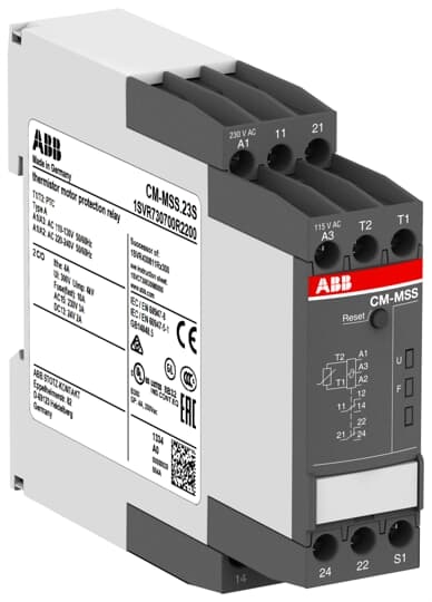 ABB 1SVR730700R2200 The CM-MSS.23S belongs to the CM-MSS thermistor motor protection relay range. It operates with a rated control supply voltage of 110-130 V AC and 220-240 V AC and has a 2 c/o (SPDT) output with contacts rated at 250 V / 4 A. It features one sensor circuit to monitor PTC temperature sensors and works according to the closed-circuit principle. The relay can be reset automatically, manually or remotely after the failure has been removed. A sealable transparent cover for protection against unauthorized changes is available as accessory. The device offers screw connection technology with double-chamber cage connection terminals.