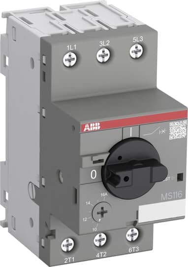 ABB MS11612 The MS116-12 manual motor starter (also known as motor protection circuit breaker or manual motor protector) is a compact 45 mm width device with a rated operational current of Ie = 12.0 A. This device is used to manually switch on and off motors and to protect them reliably and without the need for a fuse from short-circuits, overload and phase failures. The manual motor starter offers a rated service short-circuit breaking capacity Ics = 25 kA at 400 VAC and trip class 10A. Further features are the build-in disconnect function, temperature compensation, trip-free mechanism and a rotary handle with a clear switch position indication. The manual motor starter is suitable for three- and single-phase applications. Auxiliary contacts, signaling contacts, undervoltage releases, shunt trips, 3-phase bus bars, power in-feed blocks and locking devices for protection against unauthorized changes are available as accessory.