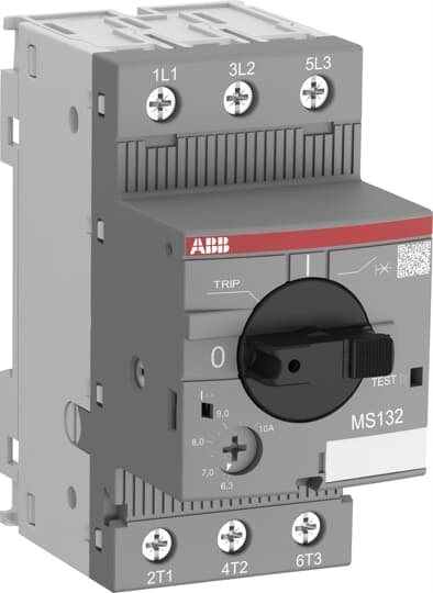 ABB MS1322:5 The MS132-2.5 manual motor starter (also known as motor protection circuit breaker or manual motor protector) is a compact 45 mm width device with a rated operational current of Ie = 2.50 A. This device is used to manually switch on and off motors and to protect them reliably and without the need for a fuse from short-circuits, overload and phase failures. The manual motor starter offers a rated service short-circuit breaking capacity Ics = 100 kA at 400 VAC and trip class 10. Further features are the build-in disconnect function, temperature compensation, trip-free mechanism and a rotary handle with a clear switch position indication. The manual motor starter is suitable for three- and single-phase applications. The handle is lockable to protect against unauthorized changes. Auxiliary contacts, signaling contacts, undervoltage releases, shunt trips, 3-phase bus bars, power in-feed blocks and terminal spacers are available as accessory.