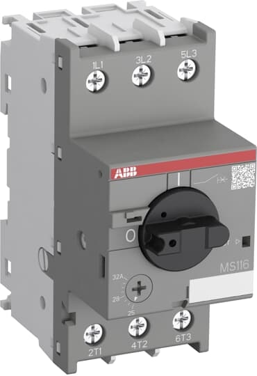 ABB MS11620 The MS116-20 manual motor starter (also known as motor protection circuit breaker or manual motor protector) is a compact 45 mm width device with a rated operational current of Ie = 20.0 A. This device is used to manually switch on and off motors and to protect them reliably and without the need for a fuse from short-circuits, overload and phase failures. The manual motor starter offers a rated service short-circuit breaking capacity Ics = 10 kA at 400 VAC and trip class 10A. Further features are the build-in disconnect function, temperature compensation, trip-free mechanism and a rotary handle with a clear switch position indication. The manual motor starter is suitable for three- and single-phase applications. Auxiliary contacts, signaling contacts, undervoltage releases, shunt trips, 3-phase bus bars, power in-feed blocks and locking devices for protection against unauthorized changes are available as accessory.