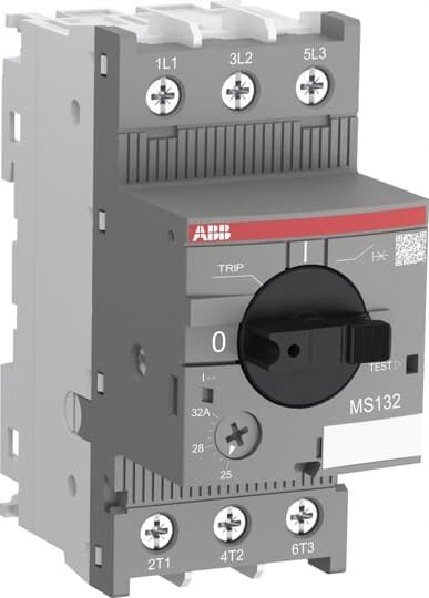 ABB MS13212 The MS132-12 manual motor starter (also known as motor protection circuit breaker or manual motor protector) is a compact 45 mm width device with a rated operational current of Ie = 12.0 A. This device is used to manually switch on and off motors and to protect them reliably and without the need for a fuse from short-circuits, overload and phase failures. The manual motor starter offers a rated service short-circuit breaking capacity Ics = 100 kA at 400 VAC and trip class 10. Further features are the build-in disconnect function, temperature compensation, trip-free mechanism and a rotary handle with a clear switch position indication. The manual motor starter is suitable for three- and single-phase applications. The handle is lockable to protect against unauthorized changes. Auxiliary contacts, signaling contacts, undervoltage releases, shunt trips, 3-phase bus bars, power in-feed blocks and terminal spacers are available as accessory.