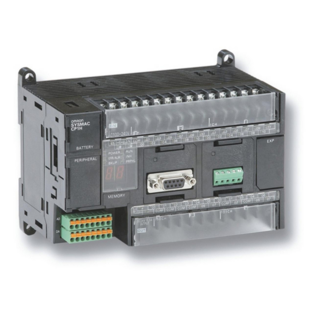 Omron CP1HXA40DT1D PLC, 24 VDC supply, 24 x 24 VDC inputs, 16 x PNP outputs 0.3 A, 4 x analog inputs, 2 x analog outputs, 20K steps program + 32K words data memory