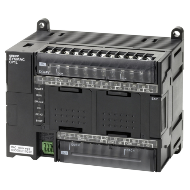 Omron CP1LEM30DT1D PLC, 24 VDC supply, 18 x 24 VDC inputs, 12 x PNP outputs 0.3 A, 2 x analog inputs, 10K steps program + 32K words data memory, 1 x Ethernet port