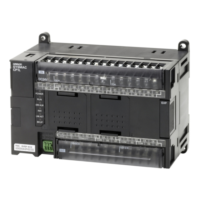 Omron CP1LEM40DT1D PLC, 24 VDC supply, 24 x 24 VDC inputs, 16 x PNP outputs 0.3 A, 2 x analog inputs, 10K steps program + 32K words data memory, 1 x Ethernet port