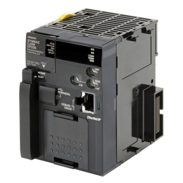 Omron CJ2MCPU34 CPU with built-in EtherNet/IP port, 30K steps program, 32K words data memory, 32K words x 4 banks EM, 2560 I/O max, option port for RS-232C/485, USB programming port, 3 expansion racks max.
