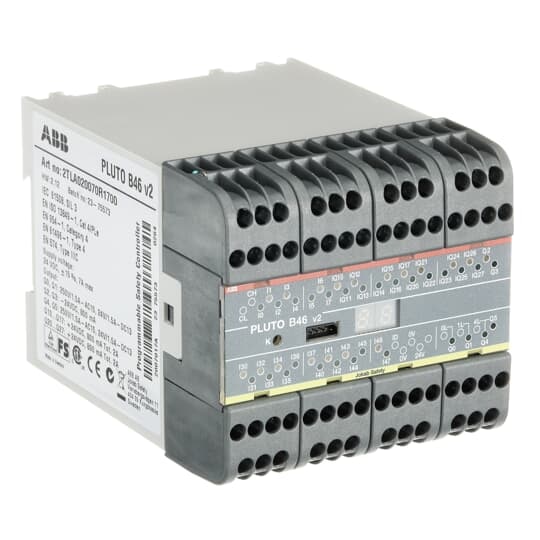 ABB 2TLA020070R1700 Pluto is a cost effective, powerful and compact safety PLC for all machine safety applications. Most safety devices on the market can be connected directly to Pluto and multiple safety sensors can be connected to a single input and still achieve the highest safety level. Programming is done easily in the accompanying software Pluto Manager.Safety PLC with Pluto safety bus. Totally 46 I/O: 24 failsafe inputs + 16 non-failsafe outputs/failsafe inputs + 4 individually failsafe relay outputs + 2 individually failsafe transistor outputs.