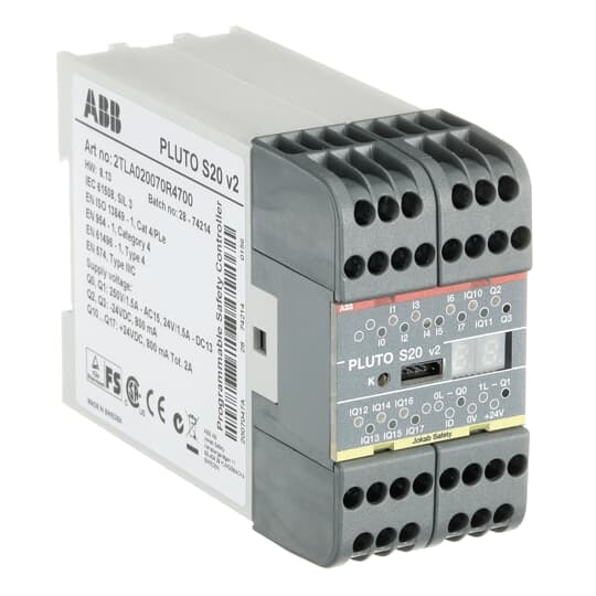 ABB 2TLA020070R4700 Pluto S20 v2. Pluto is a cost effective, powerful and compact safety PLC for all machine safety applications. Most safety devices on the market can be connected directly to Pluto and multiple safety sensors can be connected to a single input and still achieve the highest safety level. Programming is done easily in the accompanying software Pluto Manager.Safety PLC. Totally 20 I/O: 8 failsafe inputs + 8 non-failsafe outputs/failsafe inputs + 2 individually failsafe relay outputs + 2 individually failsafe transistor outputs. (Without Pluto safety bus). NOTE: Version 2 hardware/processor.