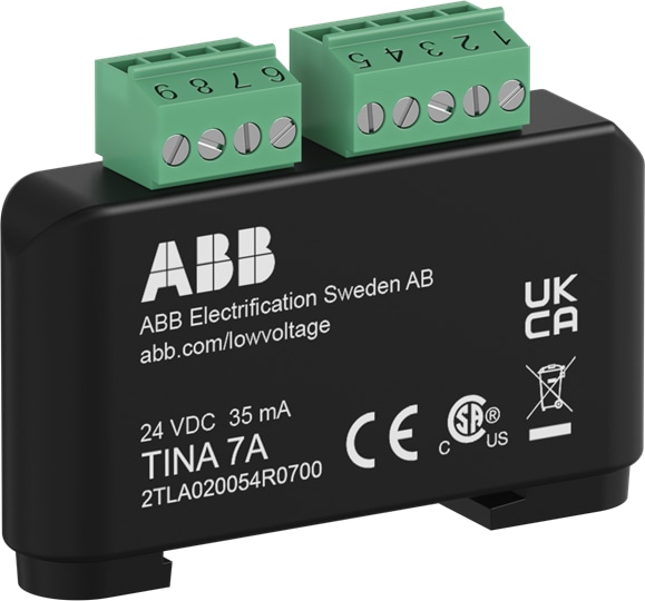 ABB 2TLA020054R0700 Tina 7A is used for adaptation of devices with two positively driven force-guided contacts like emergency stop buttons and key switches, to the DYNlink solution. Tina 7A is mounted on a DIN rail in the electrical cabinets and the connected safety device(s) must be mounted on the same cabinet, e.g. an emergency-stop button mounted on the cabinet. Electrical connection is made via detachable terminal blocks.