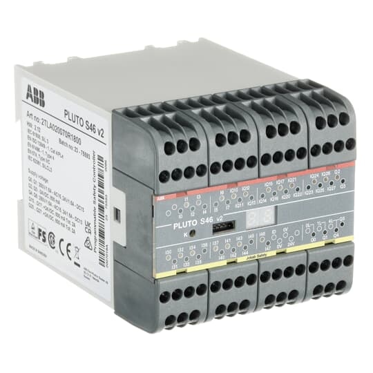 ABB 2TLA020070R1800 Pluto is a cost effective, powerful and compact safety PLC for all machine safety applications. Most safety devices on the market can be connected directly to Pluto and multiple safety sensors can be connected to a single input and still achieve the highest safety level. Programming is done easily in the accompanying software Pluto Manager.Safety PLC. Totally 46 I/O: 24 failsafe inputs + 16 non-failsafe outputs/failsafe inputs + 4 individually failsafe relay outputs + 2 individually failsafe transistor outputs. (Without Pluto safety bus)
