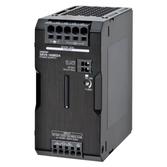 Omron S8VKS48024 Book type power supply, 480 W, 24 VDC, 20 A, DIN rail mounting, Push-in terminal, Coated, undervoltage alarm