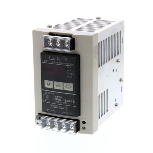 Omron S8VS18024AP Power supply, 180W, 100-240VAC input, 24VDC 7.5A output, DIN rail mounting, digital display with running voltage and current, peak current, and maintenance monitor function with settable alarm point